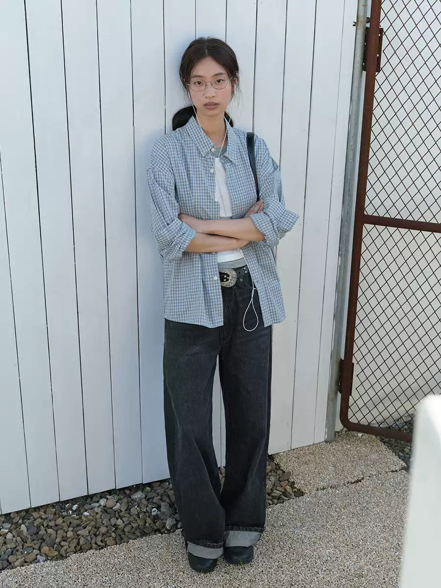 ワイドショルダー コットン 長袖チェックシャツ 男女兼用
